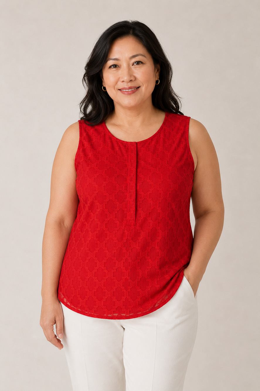 Talbots Woman Womens Blouse XL Red Geometric Sleeveless Hidden Button Placket